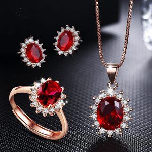 气质红宝石镶钻925纯银饰品套装玫瑰金色戒指短款项链锁骨链颈链