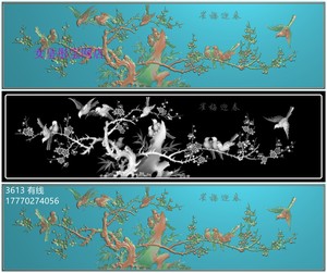 3613精品沙发大背板横雀梅迎春梅花花鸟精雕图喜鹊床头靠背灰度图