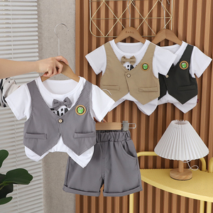 儿童小西装短袖套装男宝宝花童礼服夏小童英伦风两件套婴儿周岁服