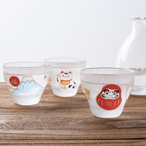 日本进口石塚硝子富士山招财猫传统印花玻璃杯子清酒杯新年礼物