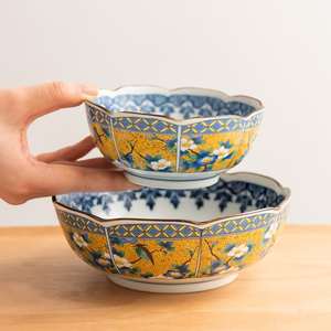 日本进口美浓烧黄花鸟彩绘宫廷风陶瓷餐具饭碗深菜盘汤碗拉面碗