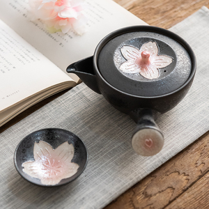 日本进口有田烧黑珍珠窑变釉樱花茶壶茶杯套装侧把壶日式急需壶