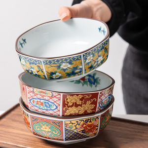 日本进口美浓烧宫廷风牡丹染锦彩色八角大碗家用颜值陶瓷汤碗配菜