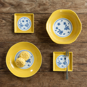日本进口明黄色樱花兔子陶瓷餐具甜品盘深盘菜盘六角汤盘蘸料碟