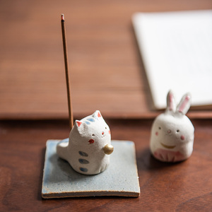 日本进口美浓烧可爱兔子猫咪香立日式印花和柄香玉线香插香座香盘