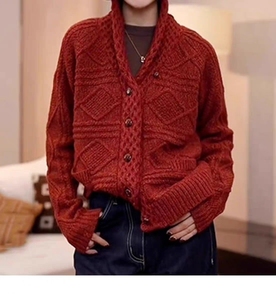 复古酒红色 青果领开衫 重磅羊毛毛衣外套美式针织开衫男女同款