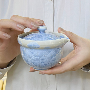 日本进口清水烧花结晶釉手工盖碗杯手抓侧须壶茶壶日式陶瓷公道杯