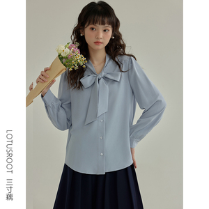 【三寸藕】春季2024年新款蓝色衬衫女装蝴蝶结雪纺学院风上衣套装