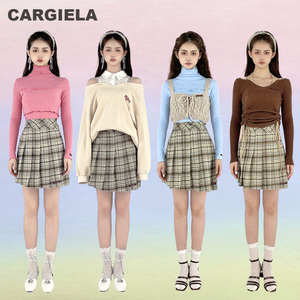 Cargiela 一片式格子学院风高腰不规则百褶半身裙显瘦A字短裙C811