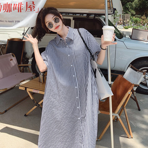 韩版女装裙子2023夏季新款中长款条纹衬衫裙女宽松短袖衬衣连衣裙