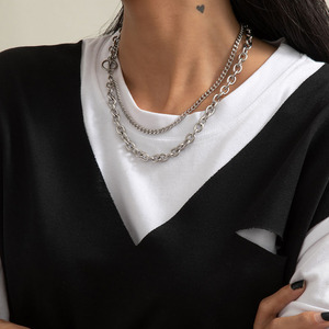 双层钛钢项链女 欧美潮风创意OT扣嘻哈简约不锈钢粗细链叠戴颈链