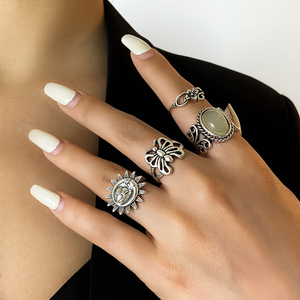 4件套花朵太阳宝石戒指套装 欧美复古潮流个性做掉饰品摇滚配饰品