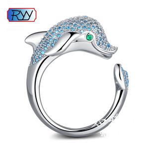 经典海洋动物群镶蓝宝石海豚钻石戒指求婚钻戒结婚男女情侣对戒子