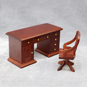 DollHouse娃娃屋BJD微缩模型OB11木质迷你家具复古书桌椅子写字台