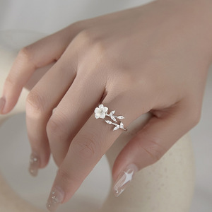 s925纯银花朵树叶戒指女指环食指饰可调节大小贝壳食指戒小众设配