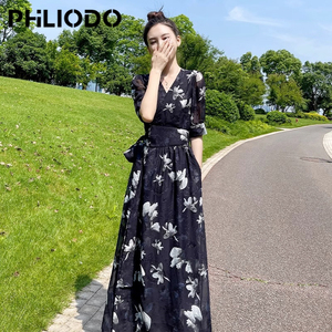 PHILIODO品牌法式奢华高腰收腰显瘦碎花连衣裙夏季新款高级感长裙