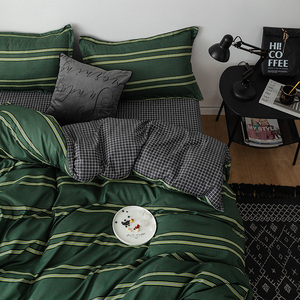 墨绿色床单四件套男生条纹被套简约北欧格子床上用品宿舍三件套
