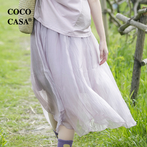 cococasa原创紫粉色网纱半身裙女长款2023夏新百搭绿色荷叶边裙子
