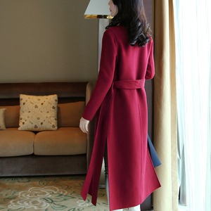 酒红色立领双面羊绒大衣女中长款2023年新款韩版高端修身毛呢外套