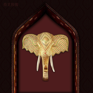 泰国木雕大象头壁饰东南亚风格酒店餐厅会所别墅墙面挂件墙上装饰