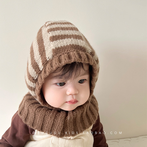 宝宝帽子围巾一体秋冬款儿童帽子披肩护脖可爱超萌洋气条纹包脸帽