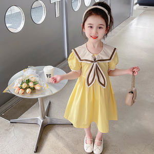 小女童新款衣服2024夏装短袖裙子海军风连衣裙夏季黄色公主裙洋气