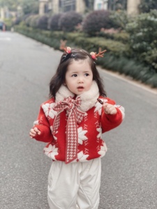 【西米kids】2021冬款冬季加厚女童韩版红色立体雪花圣诞毛衣年服