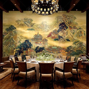 18D中式国画山水楼阁墙纸客厅沙发无缝墙布酒店包厢背景壁纸壁画