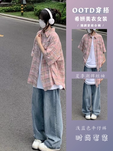 夏季初中学生时尚一套学院风衬衫衣服女韩版宽松牛仔裤短袖三件套