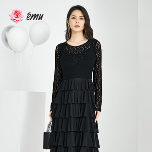 emu/依妙2019新款黑色气质长袖连衣裙两件式蕾丝性感裙1