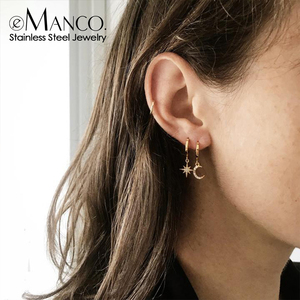 eManco韩国饰品欧美满钻星星月亮不对称简约耳钉不锈钢女士耳环