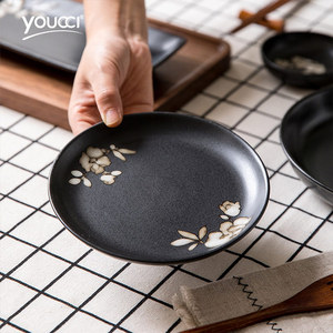日式陶瓷圆形盘子家用菜盘小碟子饺子盘早餐盘黑色骨碟创意餐具
