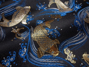 日本进口 和风布料 西阵织 织锦缎 金襕织物 锦鲤（黑 蓝）