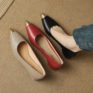 法式真皮尖头单鞋女气质时尚金属头异型跟低跟女鞋红色浅口软羊皮