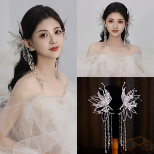 韩式超仙手工蕾丝水晶串珠发夹新娘森系流苏边夹头饰婚纱礼服配饰