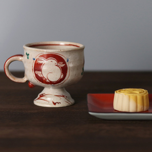 日本原装进口美浓烧藏珍窑手作赤绘兔子高台杯日式咖啡杯可爱杯子