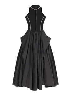 小众设计 背心量感黑色连衣裙女春复古感时髦半高领大裙摆中长裙