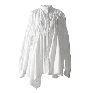 小众设计 暗黑风背后蝴蝶结绑带收腰复杂裁剪长袖白衬衫裙