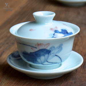 手绘荷花茶碗盖碗茶杯青瓷三才盖碗功夫茶具泡茶碗套装陶瓷敬茶杯
