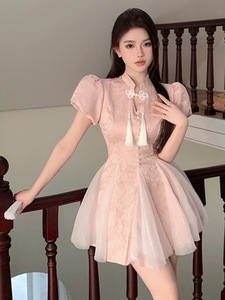 新中式国风改良旗袍短袖连衣裙子女夏季高级感气质收腰仙女蓬蓬裙