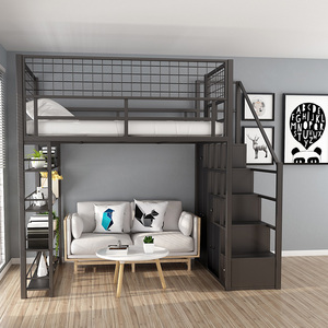 北欧风多功能铁艺高架床小户型公寓卧室办公一体式省空间上床下桌