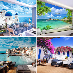 3D海洋小镇墙布酒店餐厅地中海风格墙纸山水背景壁纸海景天空壁画