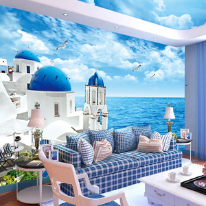 3D海洋宾馆小镇墙布酒店餐厅地中海风格墙纸山水背景壁纸海景壁画