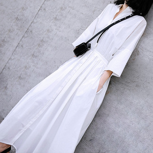 法式棉质衬衫连衣裙女2023夏季新款白色连衣裙女仙气质衬衫领长裙
