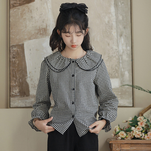 春款女童日韩系衬衫黑白格子长袖甜美娃娃领上衣大童女孩棉布衬衣