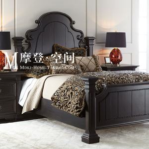 美式新古典法式实木床黑色弧形双人床1.51.8米新中式主卧高背婚床