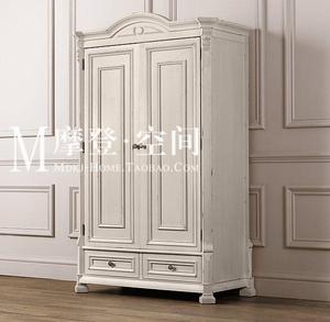 法式复古实木衣柜女孩白色衣柜衣橱欧式儿童雕刻衣柜双门做旧衣柜