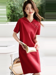 新中式休闲短袖T恤红色连衣裙女夏国风设计感中长款连帽卫衣裙子
