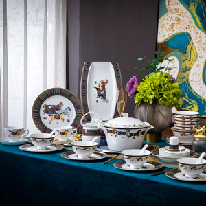景德镇陶瓷碗盘60头釉下彩爱马仕餐具咖啡杯套装家用骨瓷碗碟欧式
