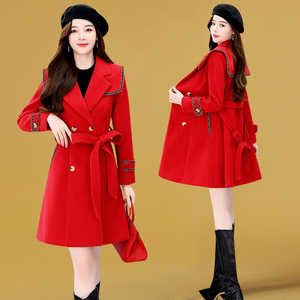 妮子大衣2023年新款小个子秋冬毛呢女装中长款红色海军风呢子外套
